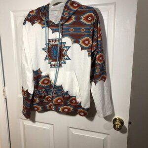 Women Inca ethnic hoodie cream with rust teal prints sweater, size XL,